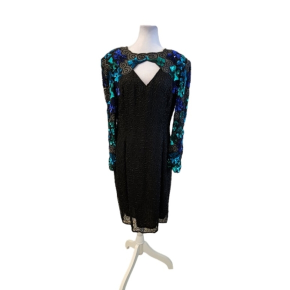 COPY - Vintage Rare Find Sequins and Beaded Black Dress with Beautiful Blue Seq… - Picture 1 of 11
